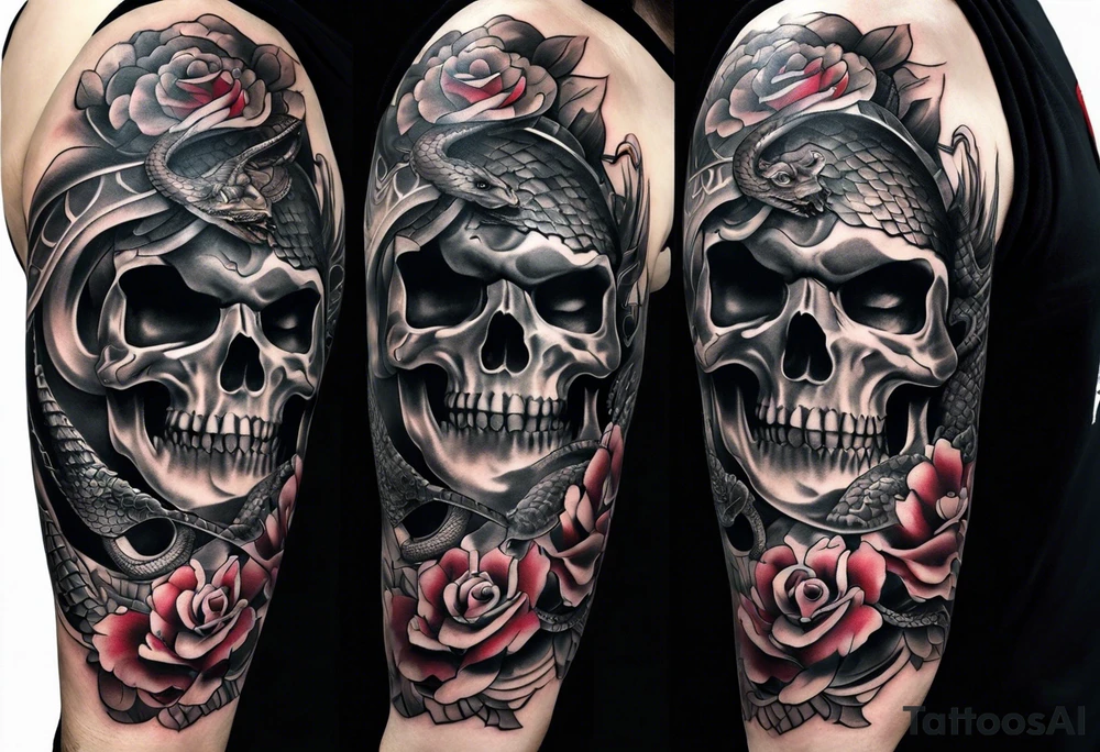 sleeve tattoo with a snake, gun, skull and Japanese designs, NO FLOWERS tattoo idea