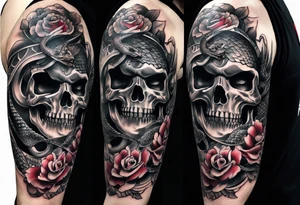 sleeve tattoo with a snake, gun, skull and Japanese designs, NO FLOWERS tattoo idea