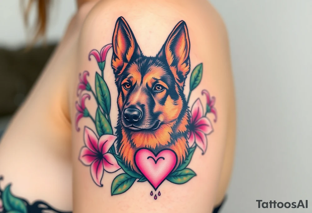 strong short haired german shepherd with alert ears surrounded by pink lilies with large leaves with a small sacred heart below tattoo idea