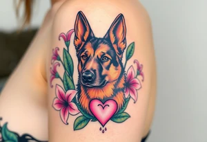 strong short haired german shepherd with alert ears surrounded by pink lilies with large leaves with a small sacred heart below tattoo idea