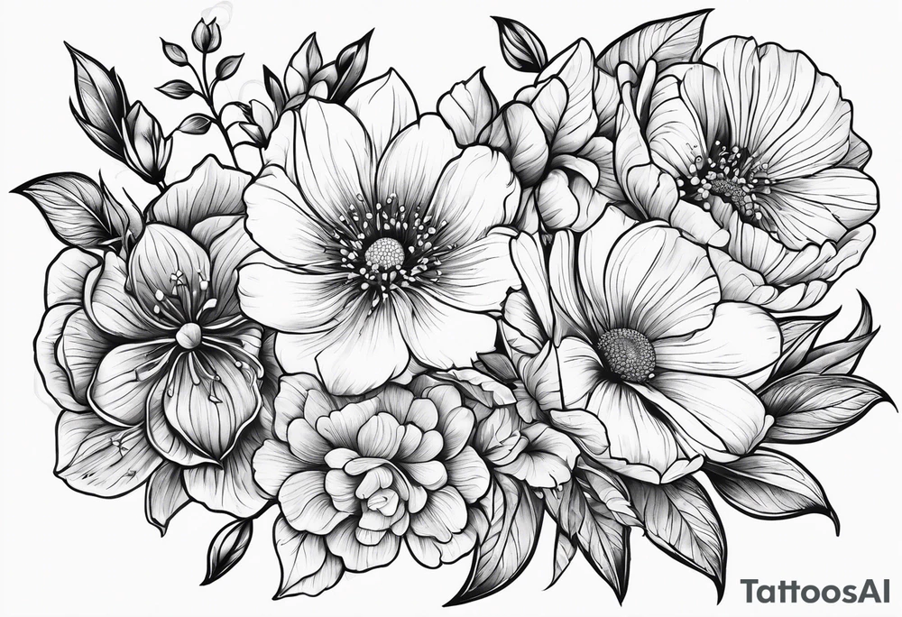 March, April,  June,  November,  December birth flowers tattoo idea