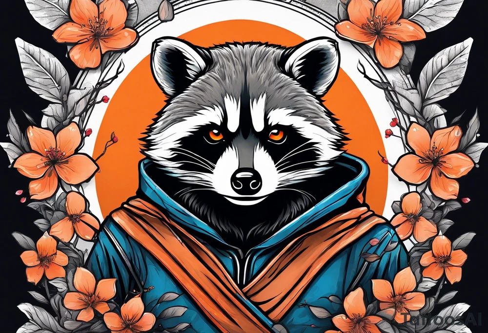 Raccoon wearing a white Superman logo on a black hoodie and orange Japanese cherry blossoms tattoo idea