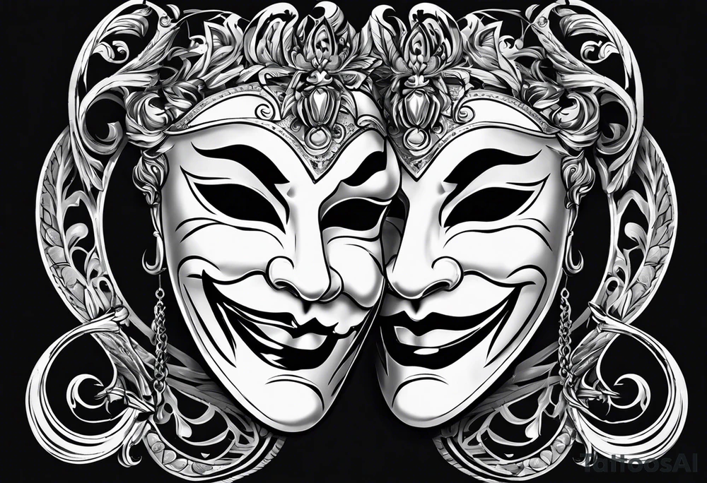 Create a tattoo of a theatrical mask split into two halves, with one side depicting a smiling, benevolent face, and the other showing a sinister, malevolent expression, symbolizing the dual nature of human emotions. tattoo idea