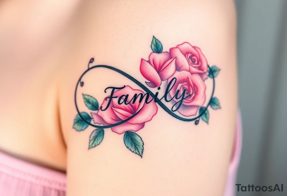 A infinity symbol made of delicate roses, with the word "family" carved into the petals tattoo idea