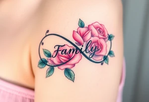 A infinity symbol made of delicate roses, with the word "family" carved into the petals tattoo idea