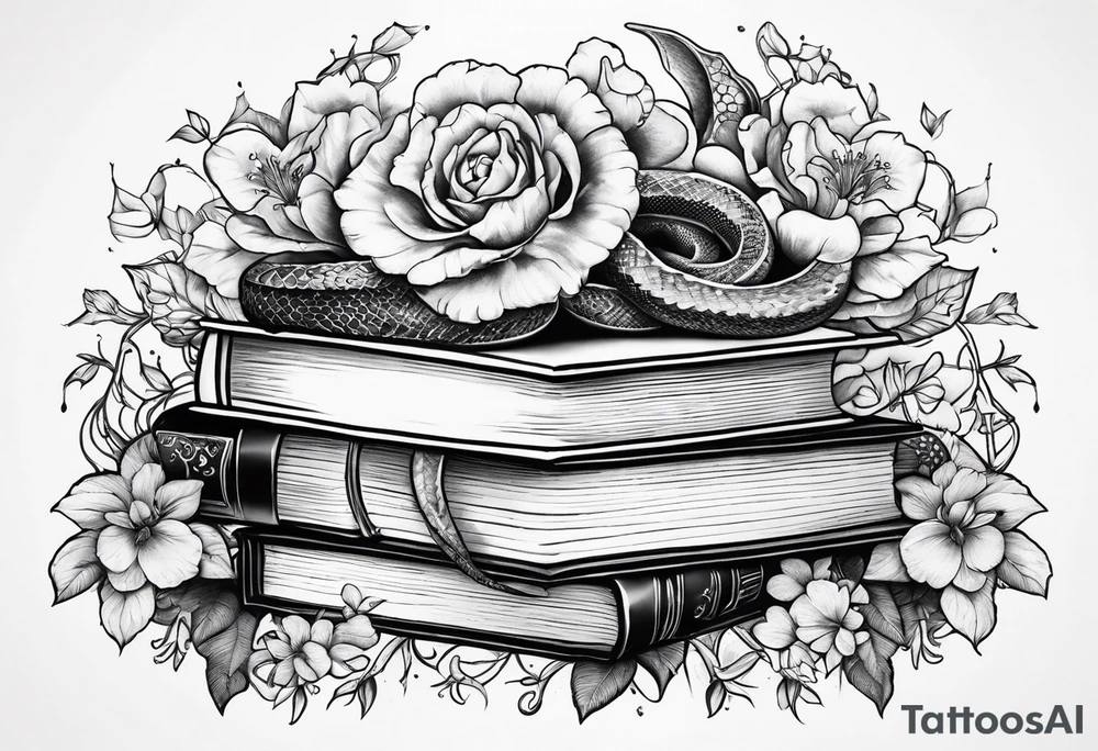 snake, books, stars and poisonous flowers tattoo idea