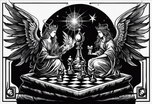 Depict an angel and devil engaged in a chess game, with the chessboard reflecting the cosmic battleground between good and evil, symbolizing the strategic nature of the eternal conflict. tattoo idea