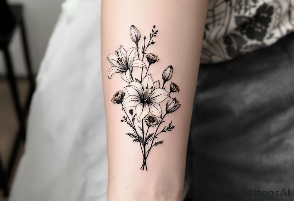 Stargazer lillies with small sunflowers and tulip buds in a dainty wildflower bouquet with stems tattoo idea