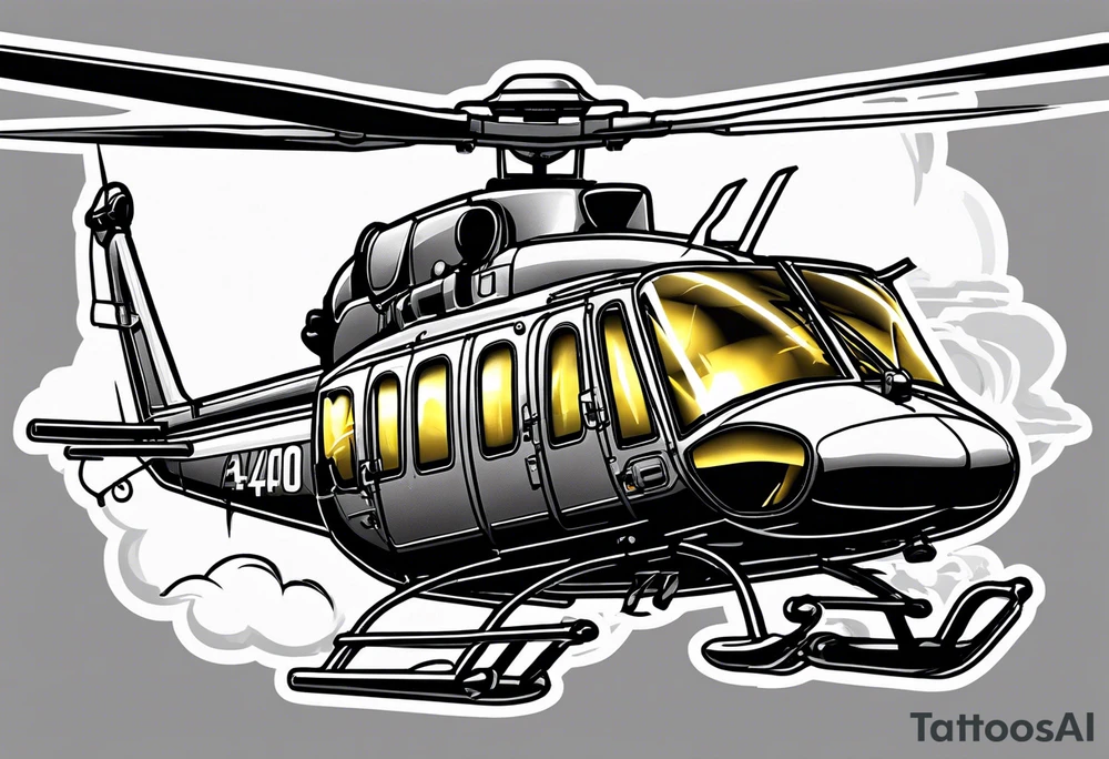 a bell 407 helicopter with the name "T. Sousa" on it, fighting a fire, with the pilot wearing night vision goggles. tattoo idea