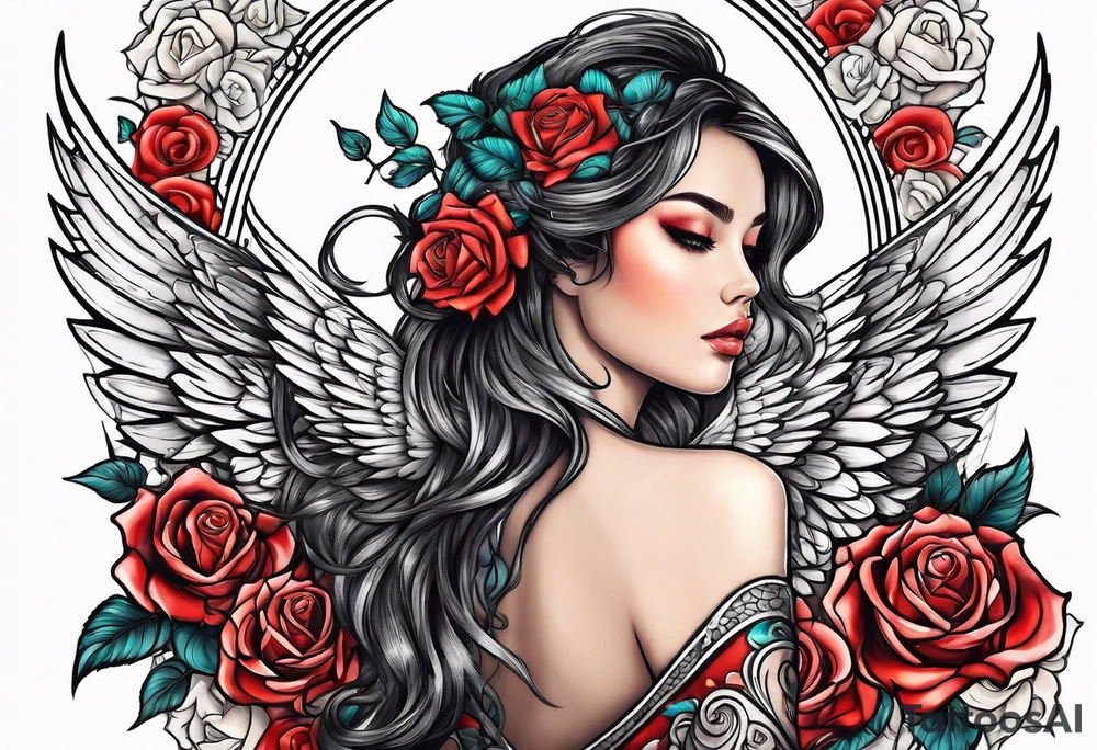 Beautiful woman angle with wings standing from head to toe imagine surrounded by roses tattoo idea