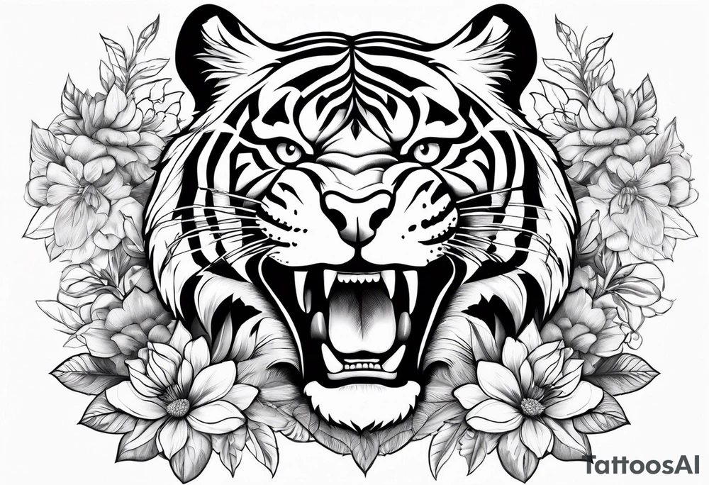 Flower with the middle as an open tiger mouth tattoo idea