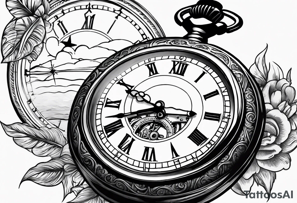 pocket watch with sunset background tattoo idea
