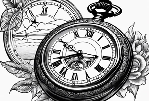 pocket watch with sunset background tattoo idea