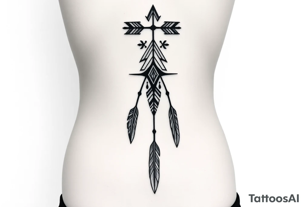 Thin spinal tattoo following down the spine in a native style with multiple different lengths flowing lines made of a discreet connection of morse code ".--- .- --.     .-.. ... -.- .- .-.   -.. .. --.     .-.. .. .-.. .-.. . -... .-. --- .-. forming an arrow connected to flowing feathers hanging from the morse code lines tattoo idea