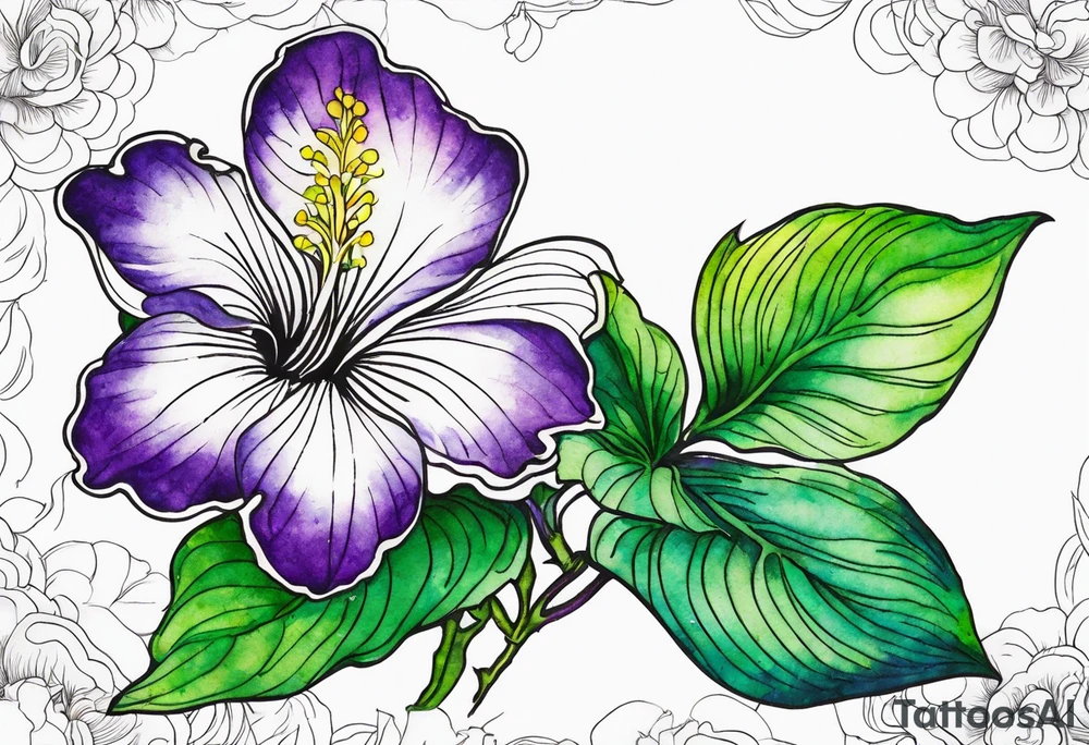 An outline of a rio dipladenia flower with a green and purple watercolor splash in the background tattoo idea