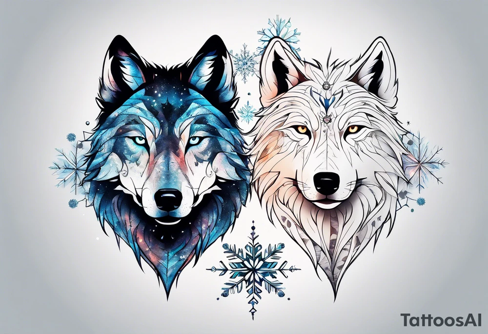 Constellation, two animal wolf, snowflake tattoo idea