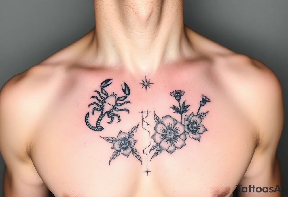 A medium tattoo including the constellation of Scorpio & Virgo as well as the flowers associated with October & September tattoo idea