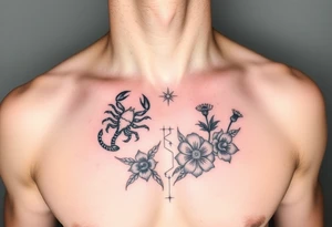 A medium tattoo including the constellation of Scorpio & Virgo as well as the flowers associated with October & September tattoo idea