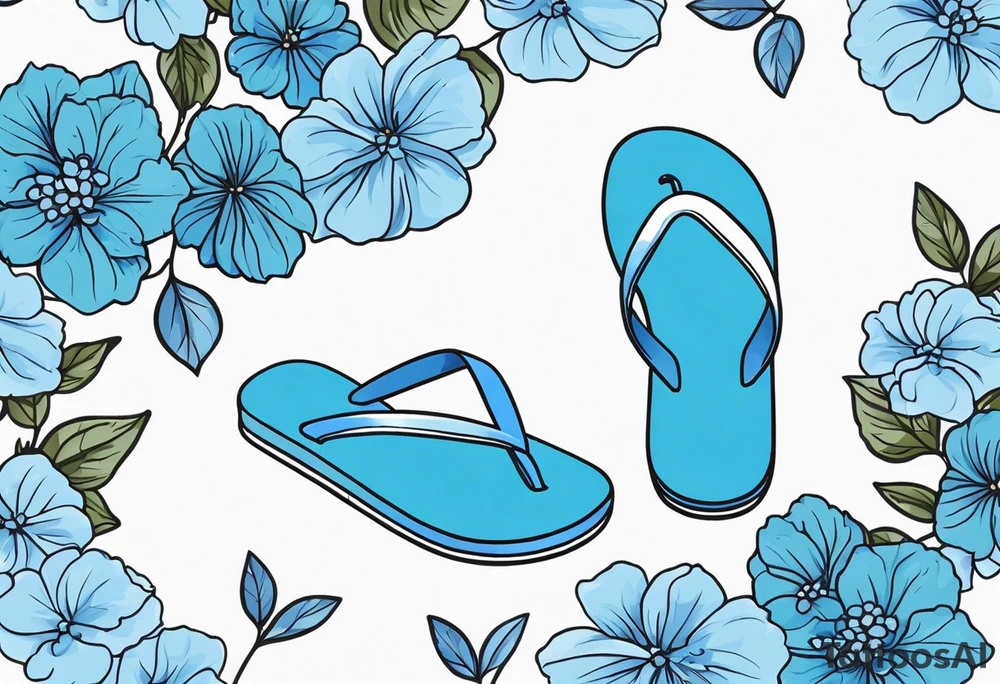 small tattoo of a light blue flip flop surrounded by blue hydrangea flowers tattoo idea