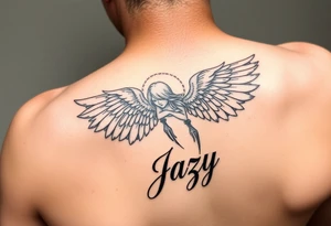 upper arm tattoo - Remembrance angel of a deceased best friend with the name Jazy incorporated tattoo idea