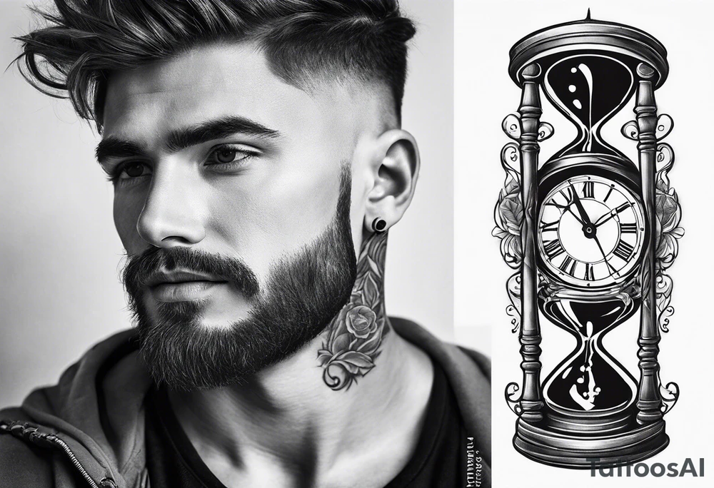 Draw me a tattoo located on the shoulder and upper arm of a man. The tattoo represents a clock in an hourglass with Roman numerals in the background. It is a symbol of the passing of time. tattoo idea