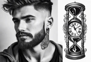 Draw me a tattoo located on the shoulder and upper arm of a man. The tattoo represents a clock in an hourglass with Roman numerals in the background. It is a symbol of the passing of time. tattoo idea
