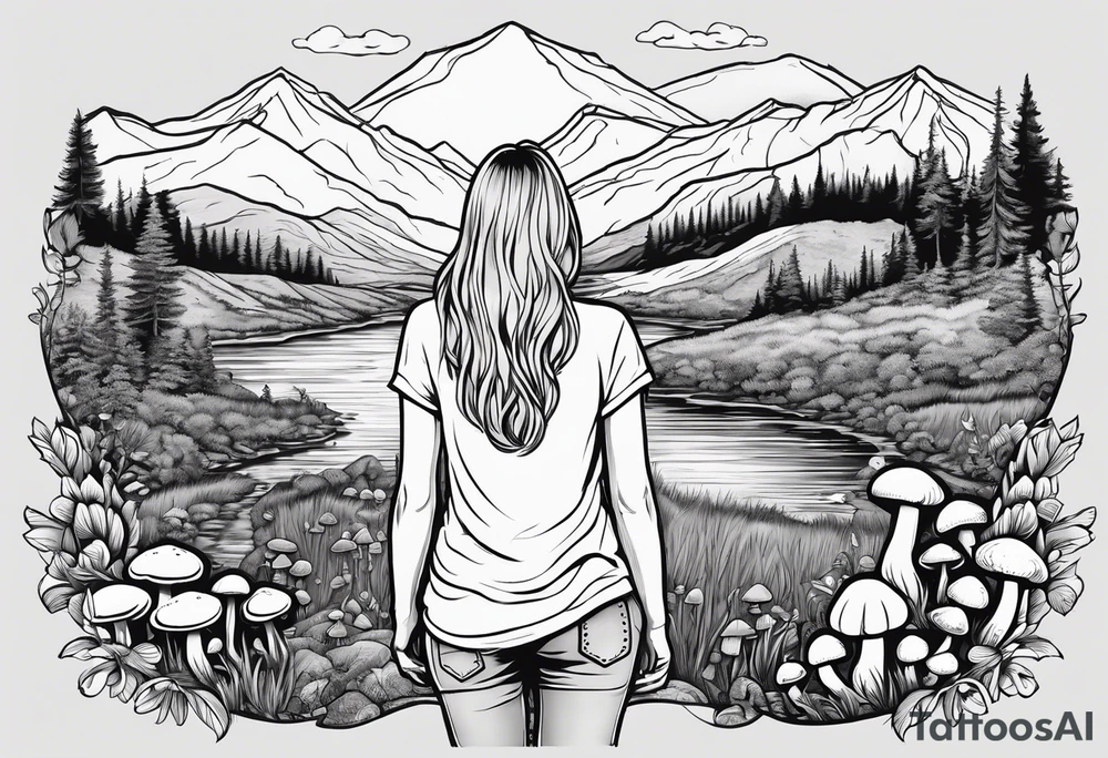 Straight long blonde hair hippie girl in distance holding mushrooms in hand facing away toward mountains and creek surrounded by mushrooms tee shirt and hiking pants tattoo idea