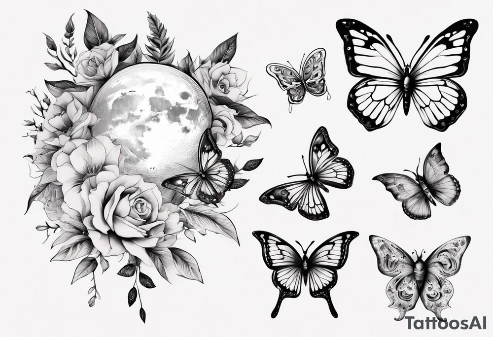 tattoo with floral and butterflies and moon tattoo idea