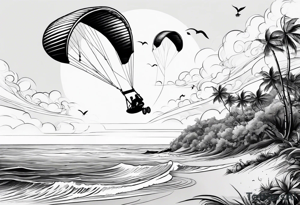 I want a very thin tattoo of a kitesurfer with a heart-shaped sail inflated by the wind. tattoo idea