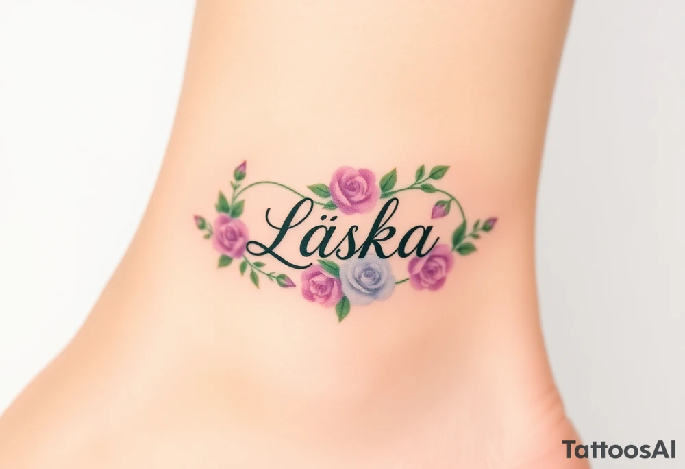 A floral infinity symbol in soft lavender and green, with "Láska" seamlessly entwined between delicate blooming roses tattoo idea