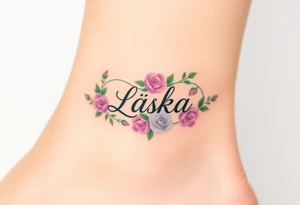 A floral infinity symbol in soft lavender and green, with "Láska" seamlessly entwined between delicate blooming roses tattoo idea
