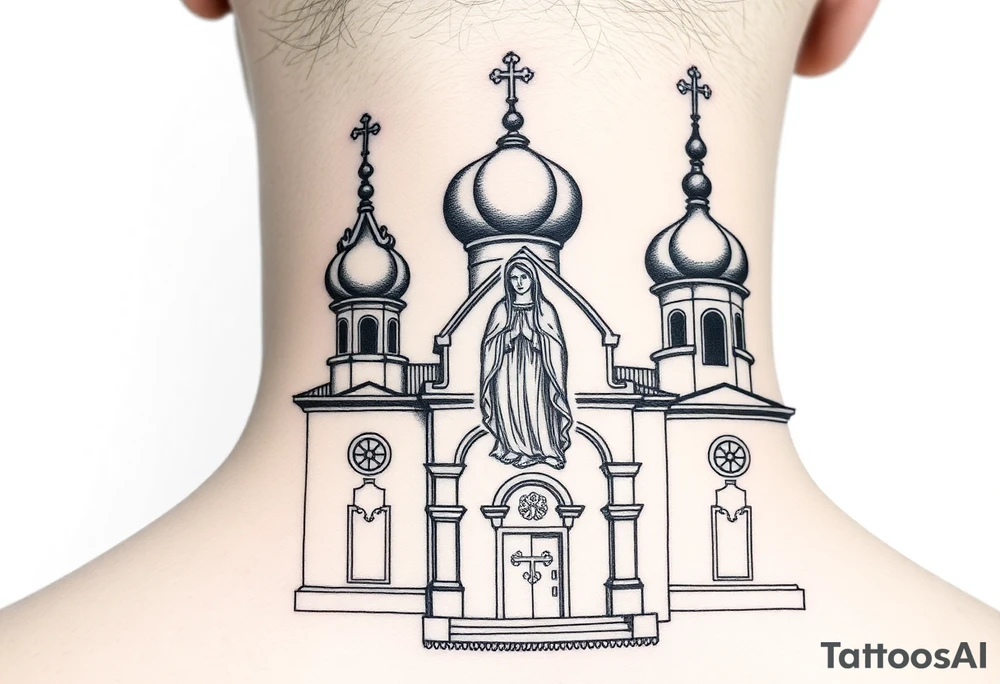 medium sized Russian orthodox church with bulb domes with a prominent russian orthodox style virgin mary stood tattoo idea
