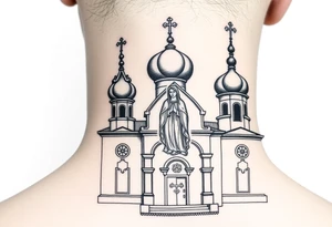 medium sized Russian orthodox church with bulb domes with a prominent russian orthodox style virgin mary stood tattoo idea