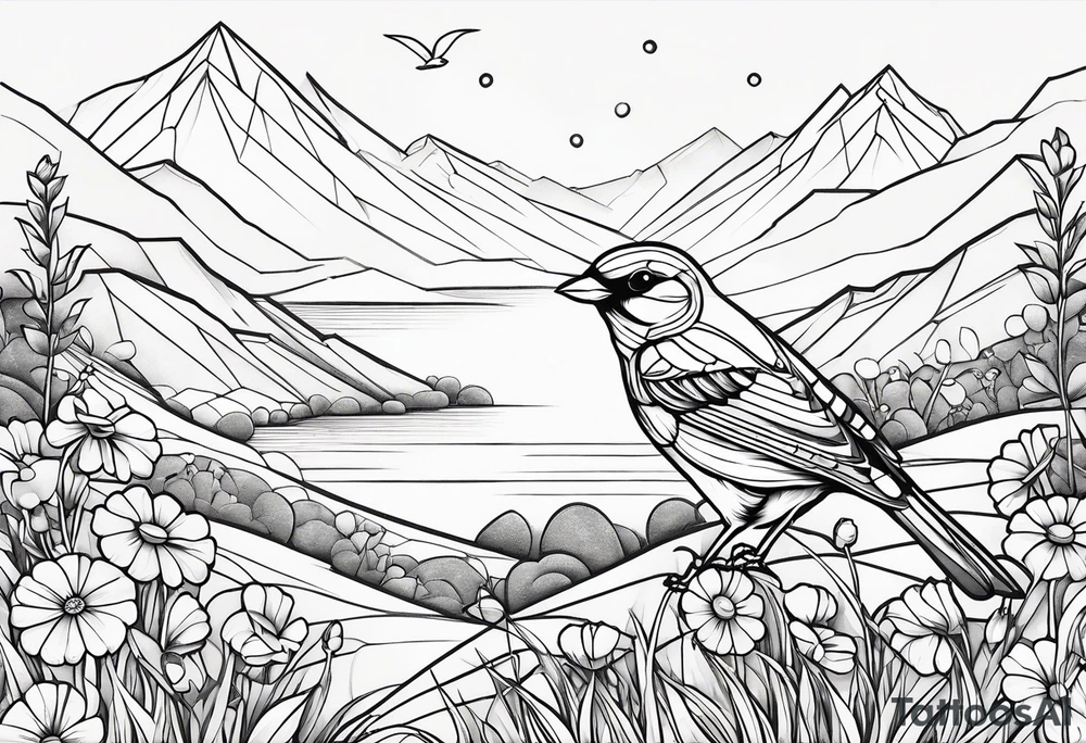 Geometric small bird outline sitting in grass and daisys with mountains in the background tattoo idea
