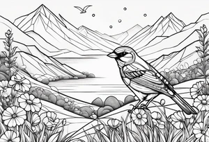 Geometric small bird outline sitting in grass and daisys with mountains in the background tattoo idea