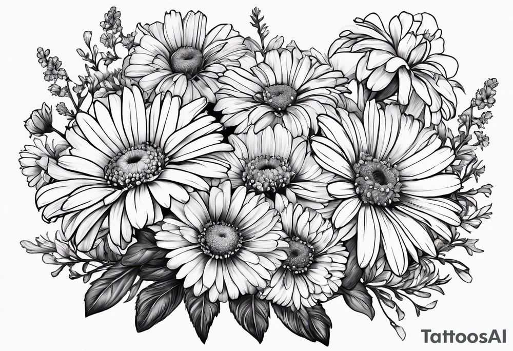 bouquet of daisy, aster, and carnations with stems tattoo idea