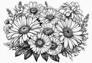 bouquet of daisy, aster, and carnations with stems tattoo idea