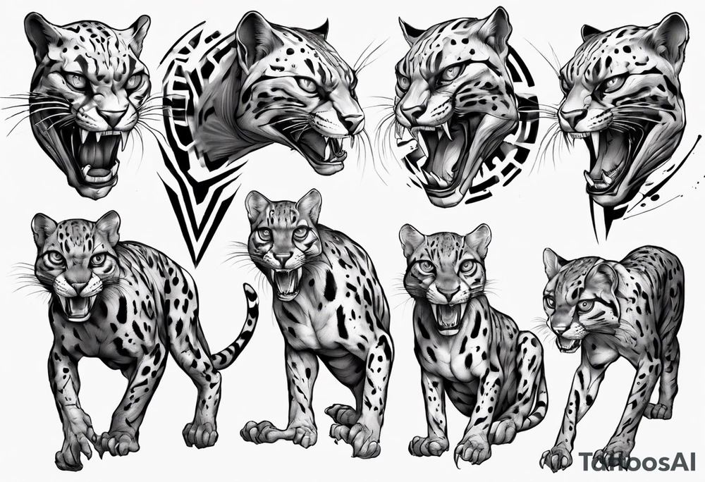cybernetic ocelot full body roar tattoo idea