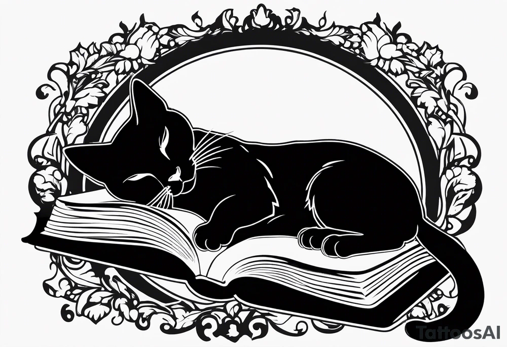 black sillhouette cat sleeping with a book sleeve tattoo tattoo idea