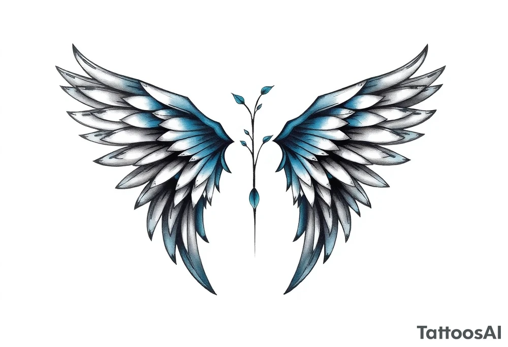 A minimalist wings tattoo that represents a shattered and betrayed gemini woman who fought hard throughout this year. With colors blue and black. Make it unique and rare. Without leaves and stem. tattoo idea