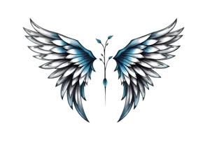 A minimalist wings tattoo that represents a shattered and betrayed gemini woman who fought hard throughout this year. With colors blue and black. Make it unique and rare. Without leaves and stem. tattoo idea