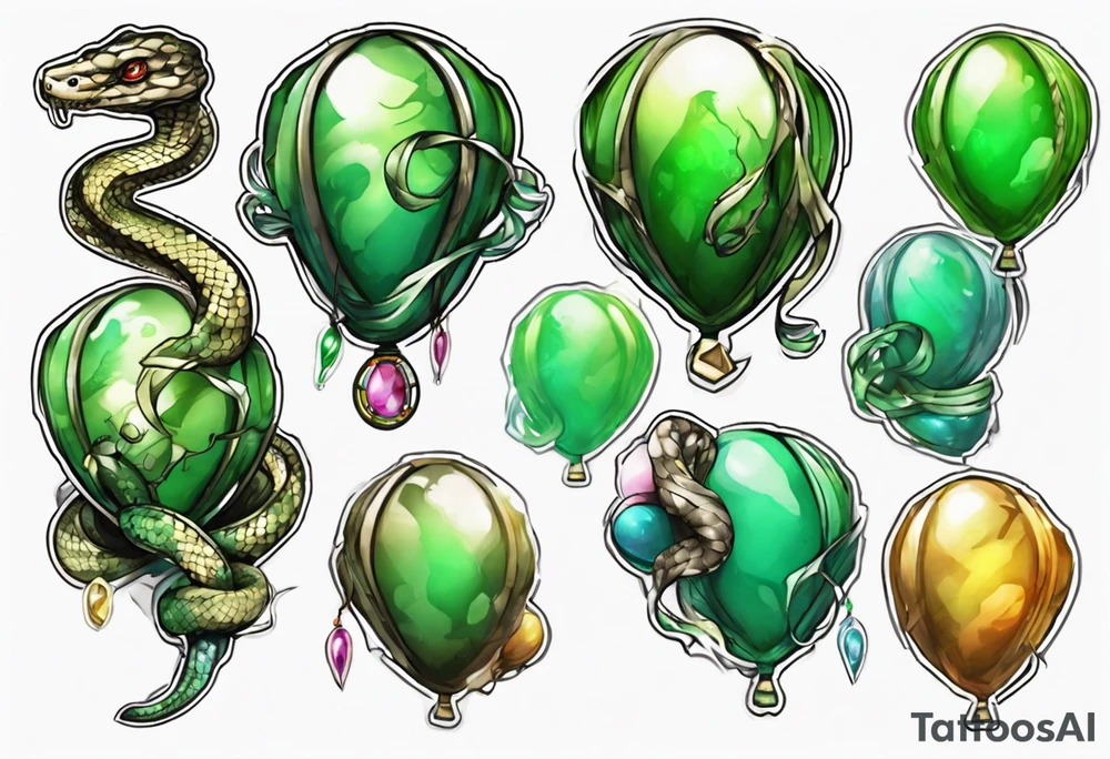 python regius with colored ballons aside and a green gem on the other side tattoo idea