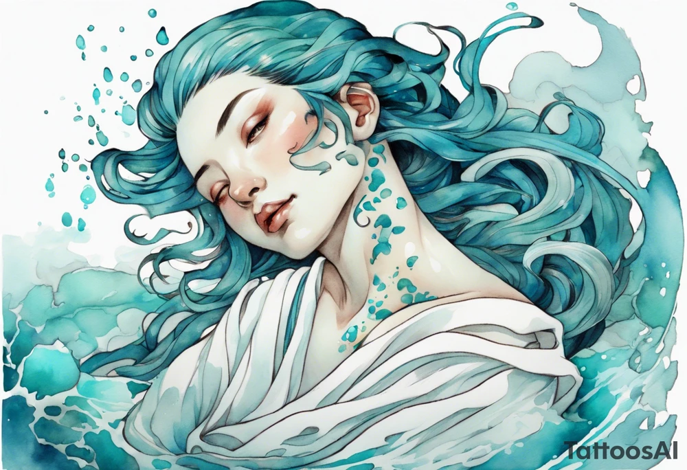 A beautiful undine with turquois scales wearing a white robe, laying on the shore tattoo idea