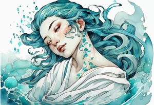 A beautiful undine with turquois scales wearing a white robe, laying on the shore tattoo idea