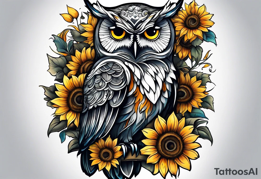 Owl with sunflowers leg sleeve tattoo idea