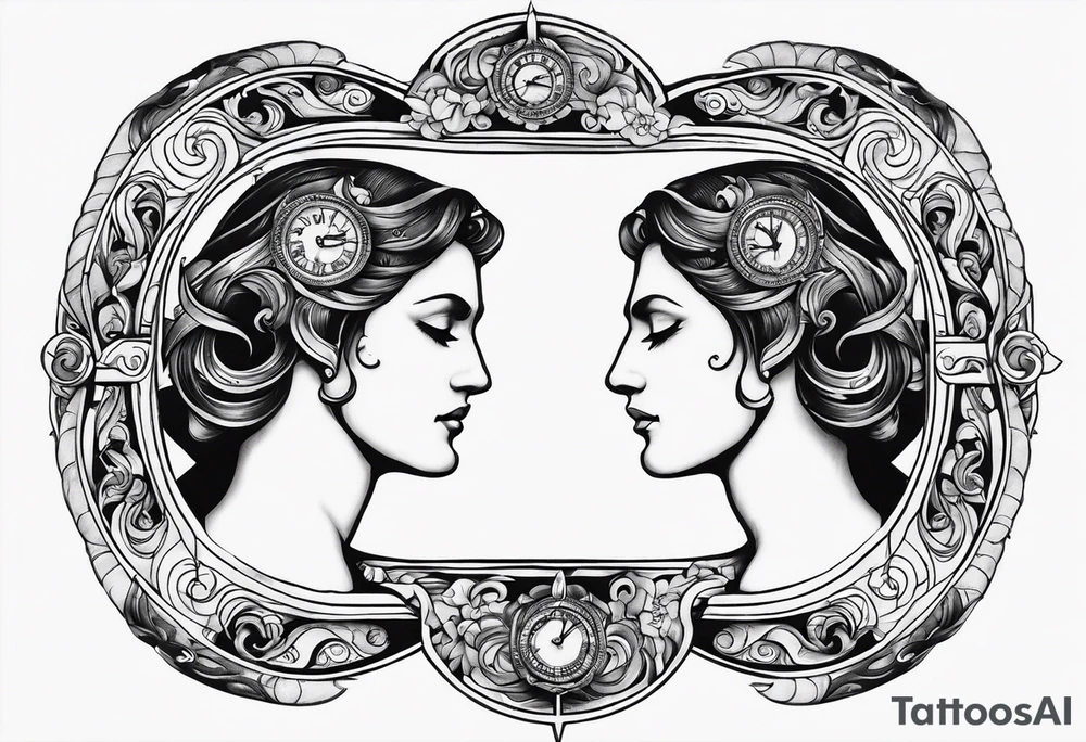 Janus, timeless clock, Aquarius arm sleeve tattoo idea