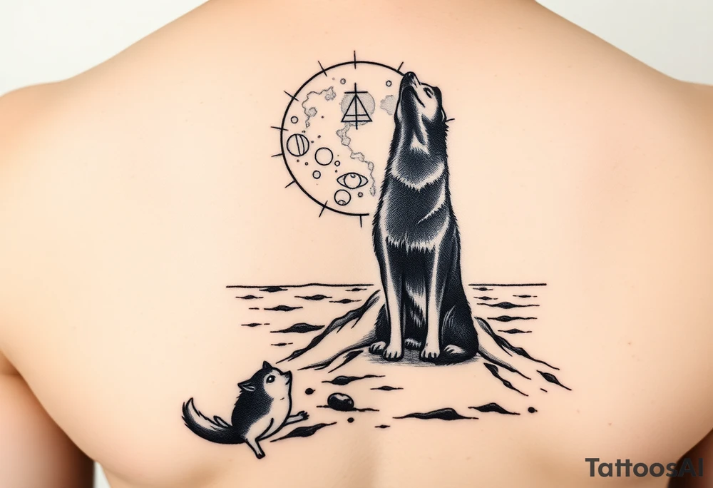 smALL HUSKY LOOKING AT A TRIBAL MOON STANDONG IN THE SAND IN THE SEA WITH THE CONSTALATION OF SAGITARIUS tattoo idea