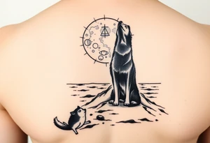 smALL HUSKY LOOKING AT A TRIBAL MOON STANDONG IN THE SAND IN THE SEA WITH THE CONSTALATION OF SAGITARIUS tattoo idea