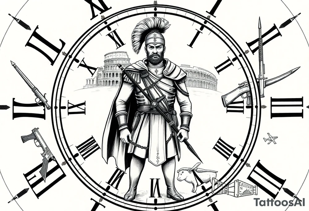 Imaginez une horloge affichant 6h40, avec des éléments symboliques autour. Au centre, un guerrier de l'époque napoléonienne, portant un uniforme traditionnel, se tient fier et déterminé. En arrière-plan, on peut voir des éléments architecturaux de Rome, comme le Colisée, qui évoquent la grandeur de l'Empire romain. À côté du guerrier, des armes emblématiques, telles que des sabres et des fusils, sont disposées. Enfin, dans le coin inférieur de l'image, des références aux guerres en Afrique, comme des paysages désertiques ou des cartes anciennes, ajoutent une dimension historique à l'ensemble. tattoo idea