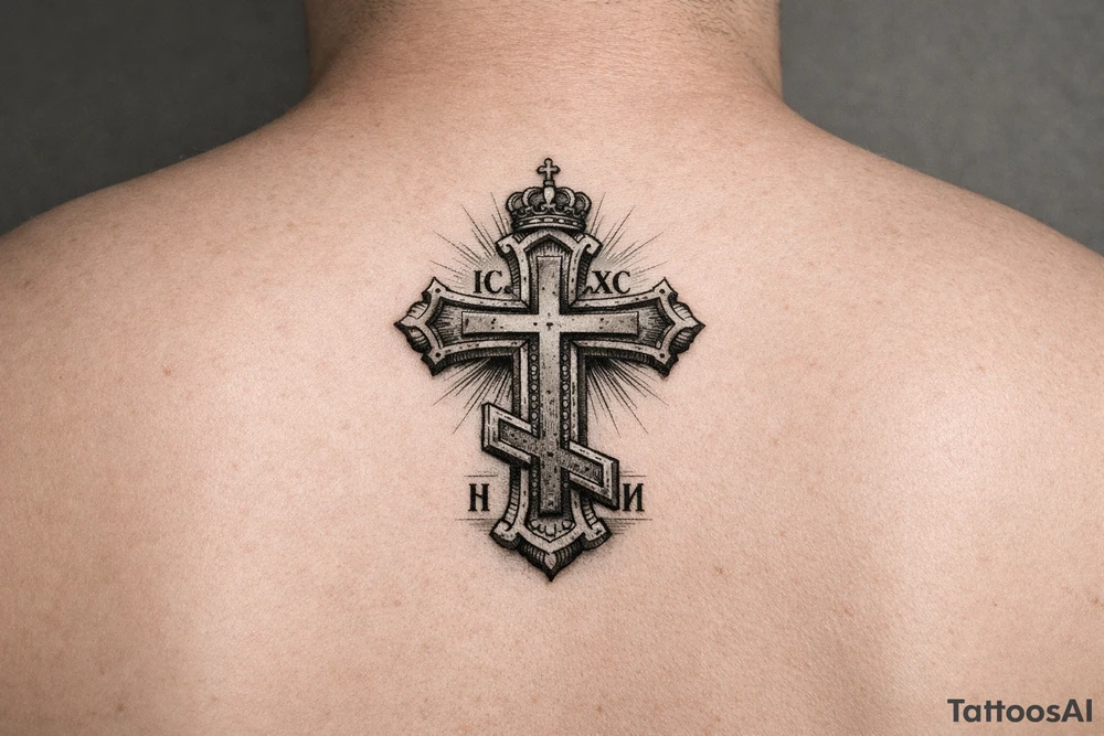 powerful serbian orthodox cross for ribs that later on can have children names incoportated later on, 15-25cm in height and with intricate details
 and black and grey fine detail tattoo idea